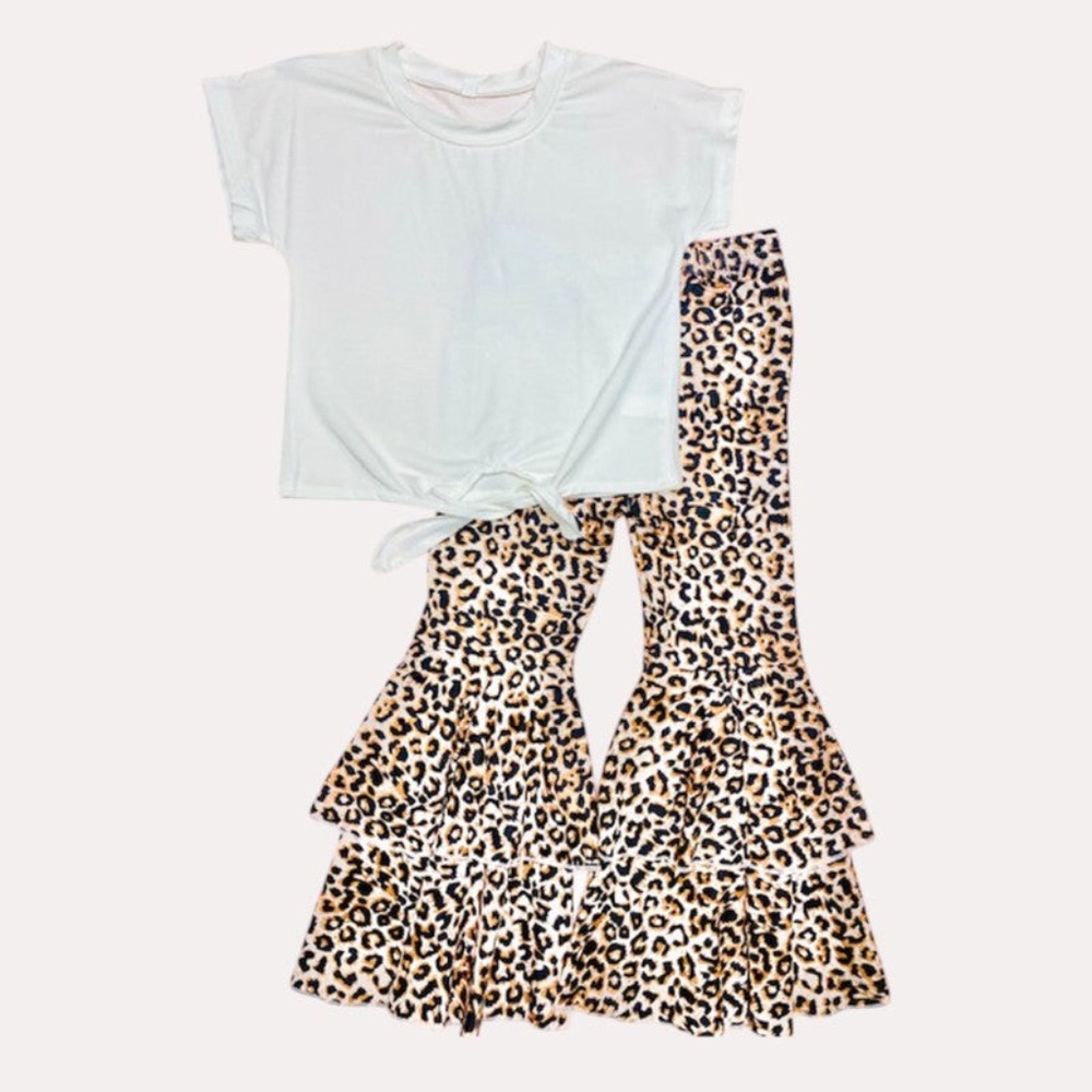 Girls Leopard Ruffle Bell Bottom Set